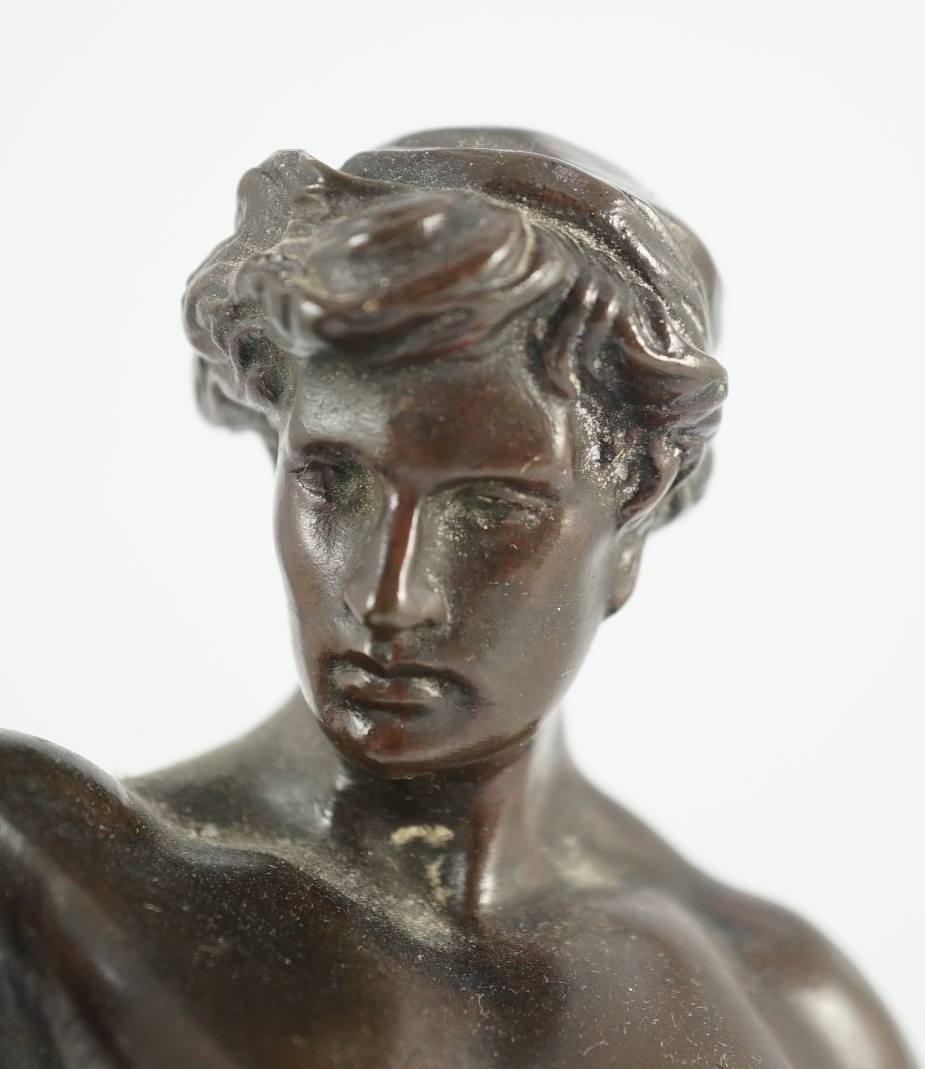 Emile Louis Picault (1833-1915). A French bronze figure 'Per Laborem' modelled as a classical athlete holding aloft a laurel sprig, 34cm high